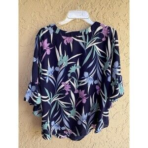 Cooper & Ella Women’s Navy Iris Purple Blue Teal Floral Flutter Sleeve Large Top